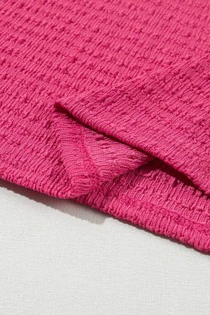 Bright Pink Textured Rolled Sleeve V Neck Tee-10