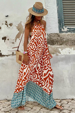 Orange Boho Geometric Print Sleeveless Maxi Dress-3