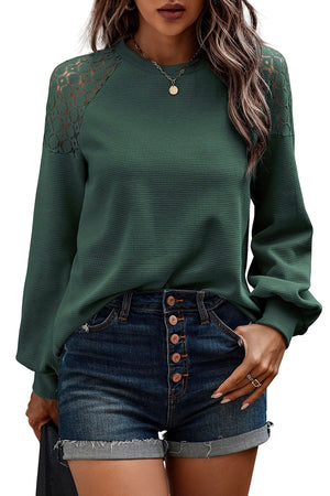 Green Lace Long Sleeve Textured Pullover-3