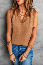 Brown Swiss Dot Lace Stitching V Neck Tank Top-0