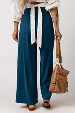 Blue Drawstring Elastic Waist Casual Wide Leg Pants-2