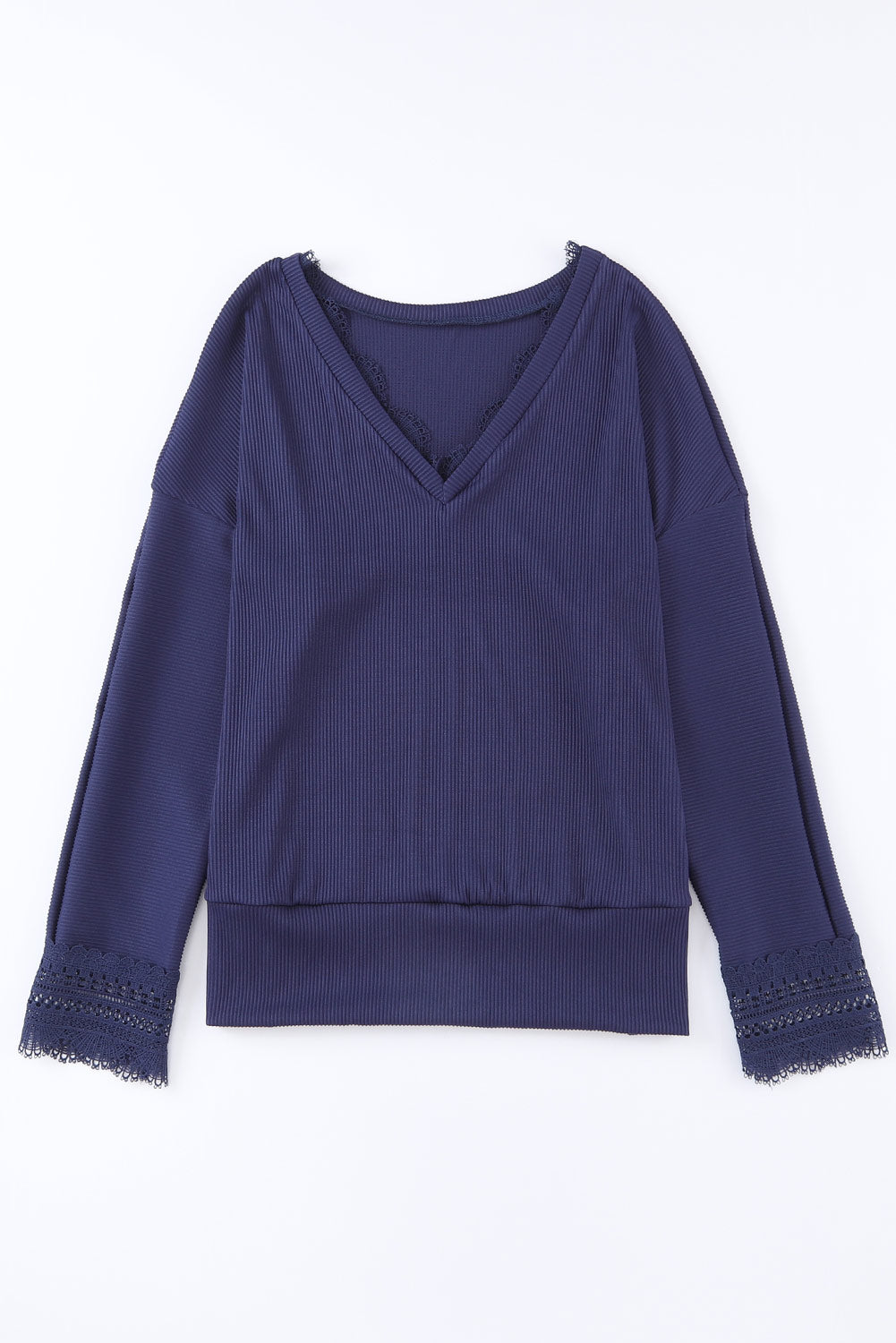 Blue Ribbed Texture Lace Trim V Neck Long Sleeve Top-4