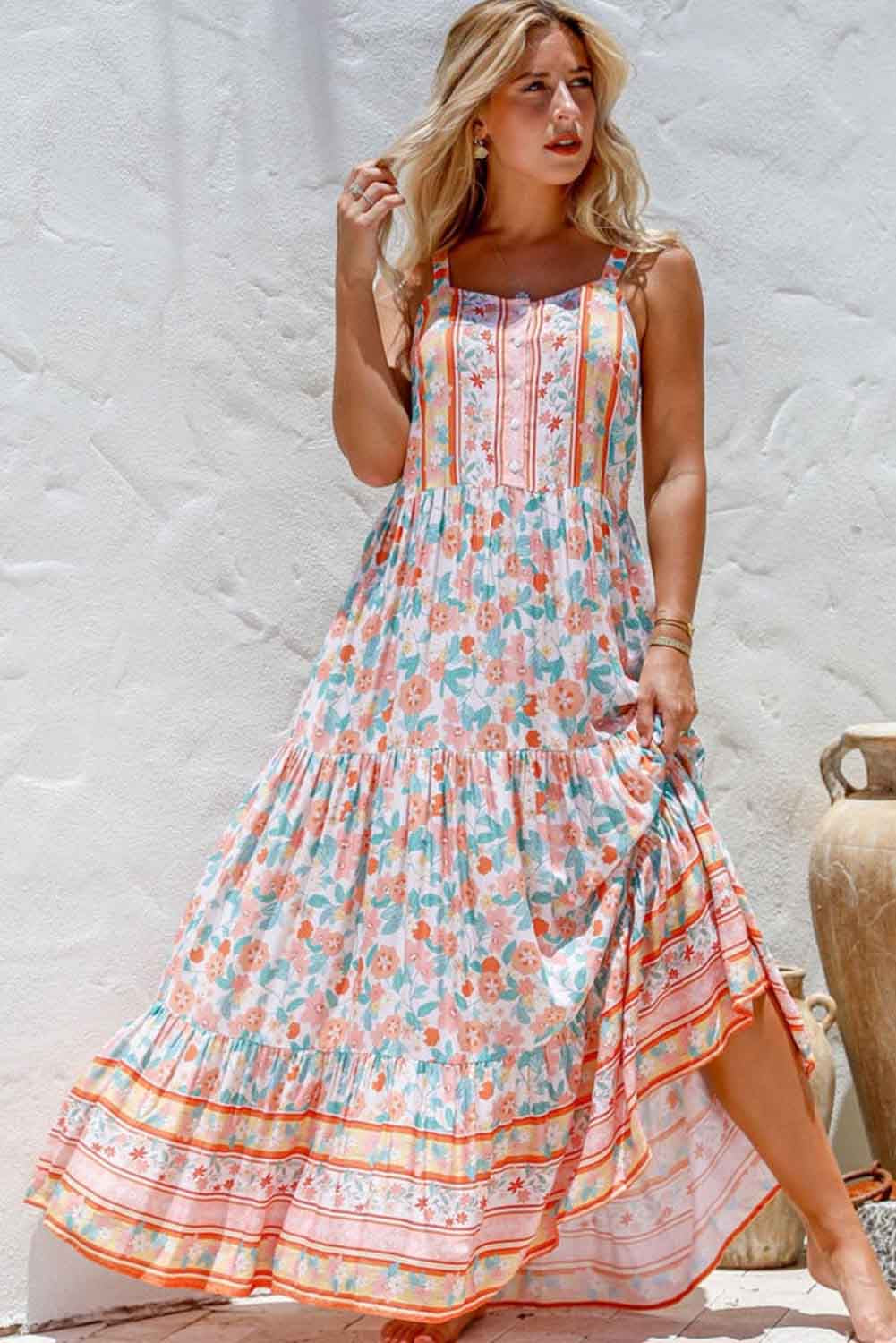 Orange Boho Floral Print Sleeveless Tiered Maxi Dress-4
