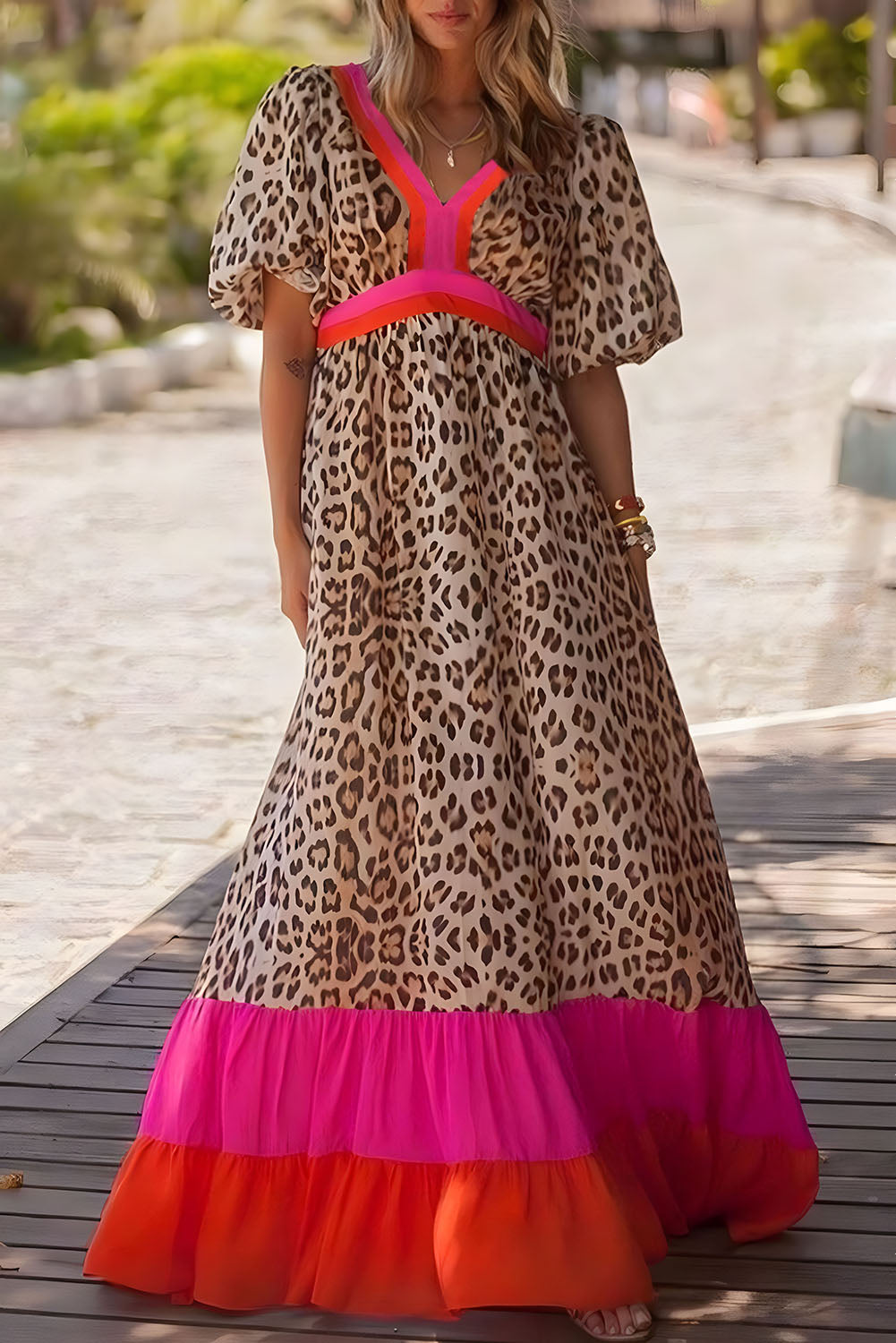 Bright Pink Leopard Colorblock Patchwork Bubble Sleeve Maxi Dress-0