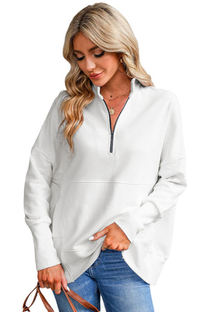 White Oversized Quarter-Zip Pullover Sweatshirt-12