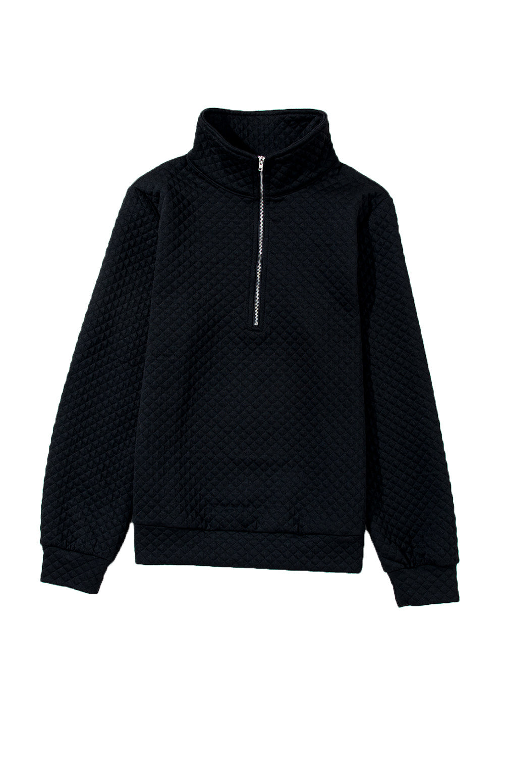 Black Solid Half Zipper Quilted Pullover Sweatshirt-11