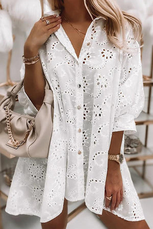 White Eyelet Floral Pattern Shirt Babydoll Dress-0