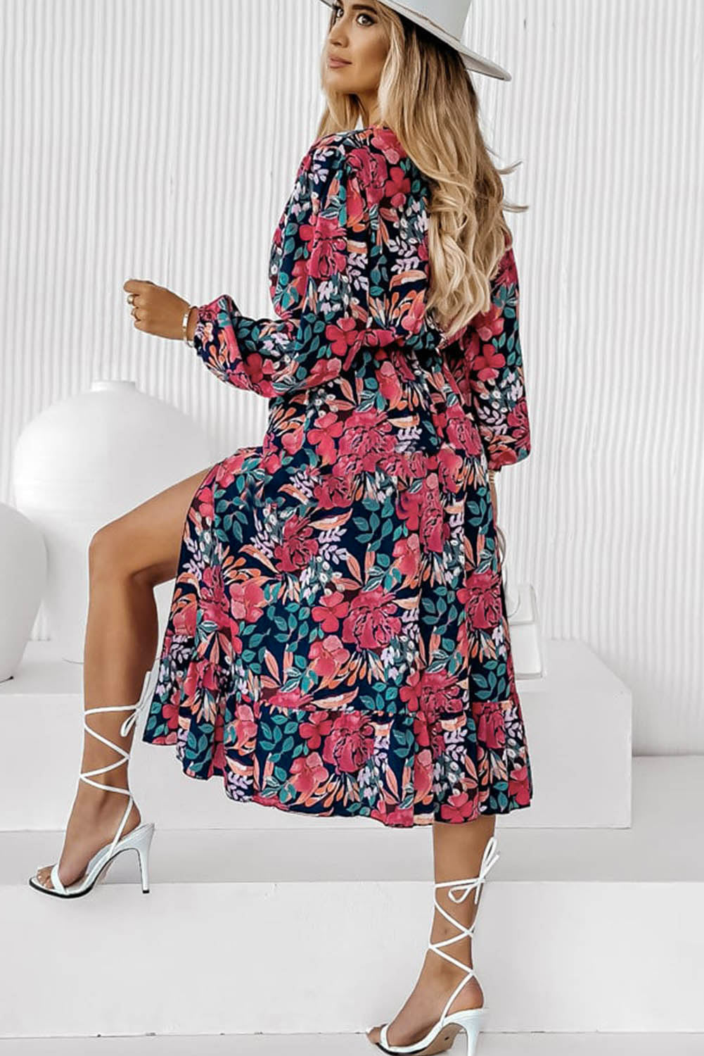 Red V Neck Elastic High Waist Split Floral Dress-3