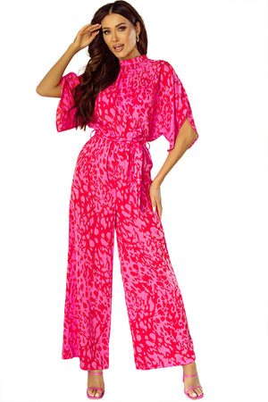 Rose Leopard Loose Sleeve Belted Wide Leg Jumpsuit-19