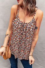 Khaki Leopard Print Spaghetti Strap Pleated Flowing Tank Top-11