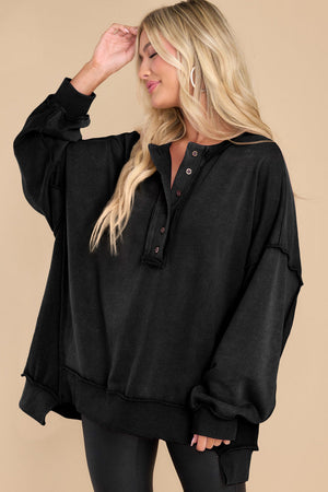 Black Oversized Exposed Seam Henley Sweatshirt-2