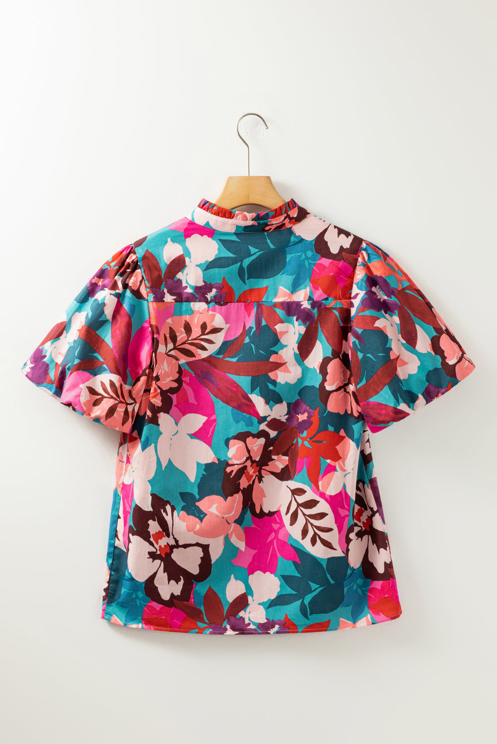 Rose Red Floral Print Puff Sleeve Notched V Neck Blouse-5