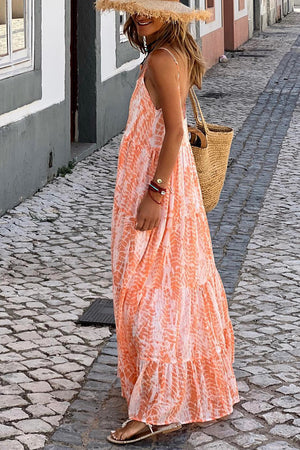 Orange Abstract Print Spaghetti Straps Backless Tiered Maxi Dress-2