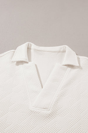 White Textured V Neck Collared Short Sleeve Top-8