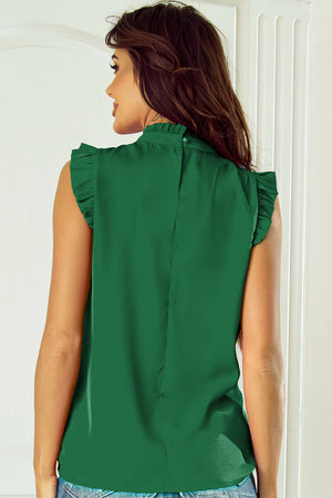 Bright Green Pleated Mock Neck Frilled Trim Sleeveless Top-4