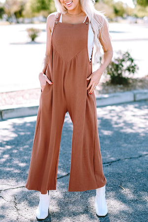Gold Flame Textured Buttoned Straps Ruched Wide Leg Jumpsuit-5