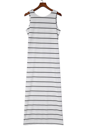White Stripe Print Open Back Sleeveless Maxi Dress with Slits-10
