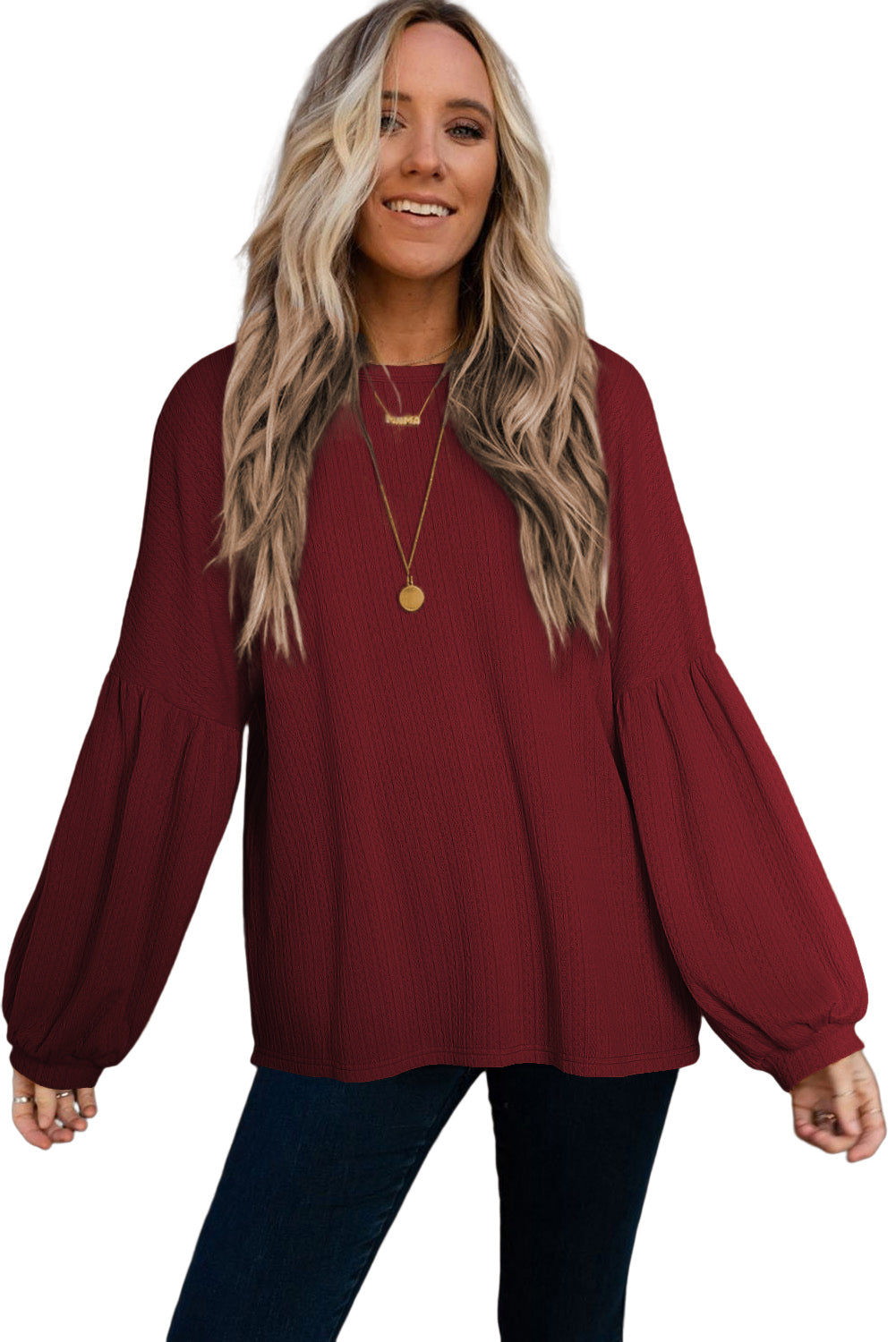 Faux Knit Jacquard Puffy Long Sleeve Top-3