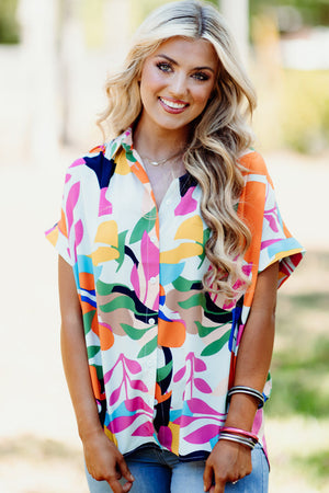 Multicolour Abstract Leafy Print Short Sleeve Shirt-2