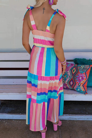 Multicolor Color Block Striped Bow Knot Straps Maxi Dress-1