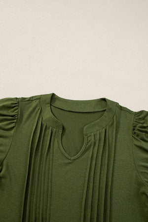 Fern Green Notched Neck Pleated Puff Sleeve Shift T-shirt Dress-7