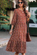 Chestnut Floral Print 3/4 Sleeve Ruffle Hem Midi Dress-6