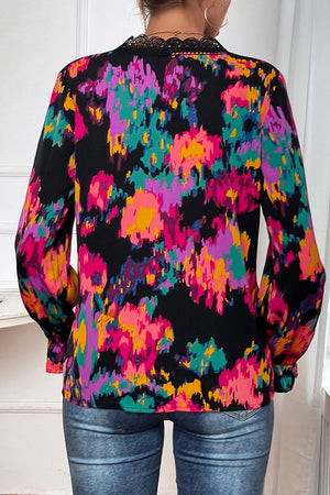 Black Abstract Printed Flounce Sleeve Lace V-Neck Blouse-1