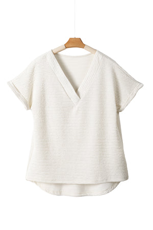 Pale Khaki Textured Wide Sleeve V Neck T Shirt-12