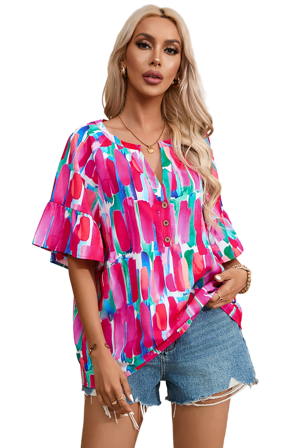 Rose Abstract Brushwork Print Buttoned V Neck Blouse-22