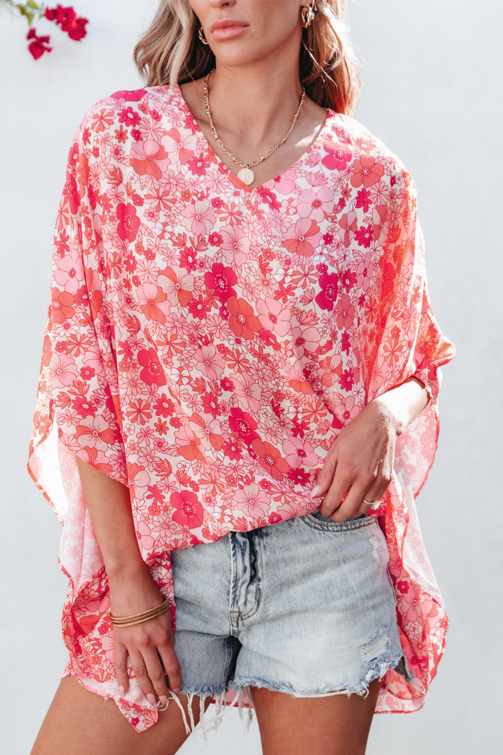 Pink Boho Floral V Neck Kimono Style Blouse-9