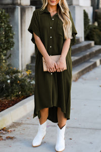 Jungle Green Loose High Low Side Slits Short Sleeve Shirt Dress-0