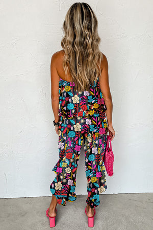 Red Mix Tropical Print Strapless Ruffled Jumpsuit-1