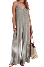 Gray Ribbed V Neck Spaghetti Strap Pocketed Wide Leg Jumpsuit-5