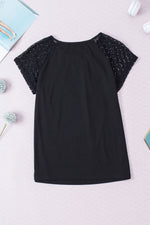 Black Contrast Lace Sleeve Keyhole Decor Top-6