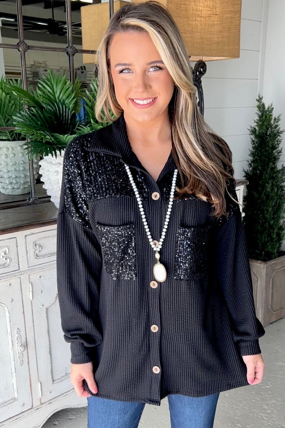 Black Sequin Patch Chest Pocket Corded Shacket-2