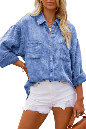 Sky Blue Mineral Wash Crinkle Textured Chest Pockets Shirt-18