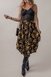Black Printed Elastic Waist Button Decor Floral Ruffle Skirt-2