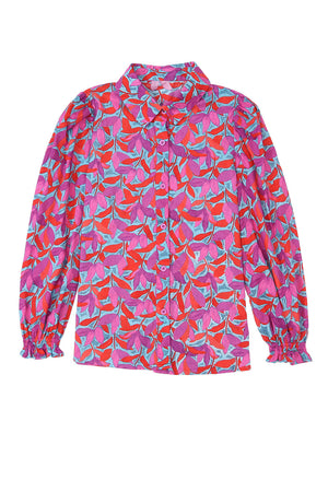 Multicolor Abstract Floral Button Up Long Puff Sleeve Shirt-13