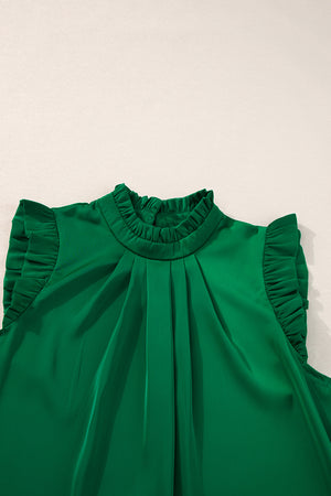 Bright Green Pleated Mock Neck Frilled Trim Sleeveless Top-13