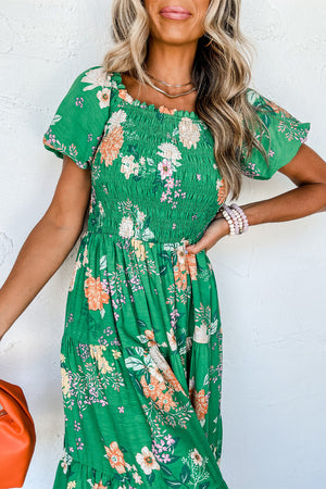 Green Floral Print Bubble Sleeve Smocked Tiered Midi Dress-4