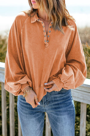Orange Washed Snap Buttons Lantern Sleeve Pullover Sweatshirt-3