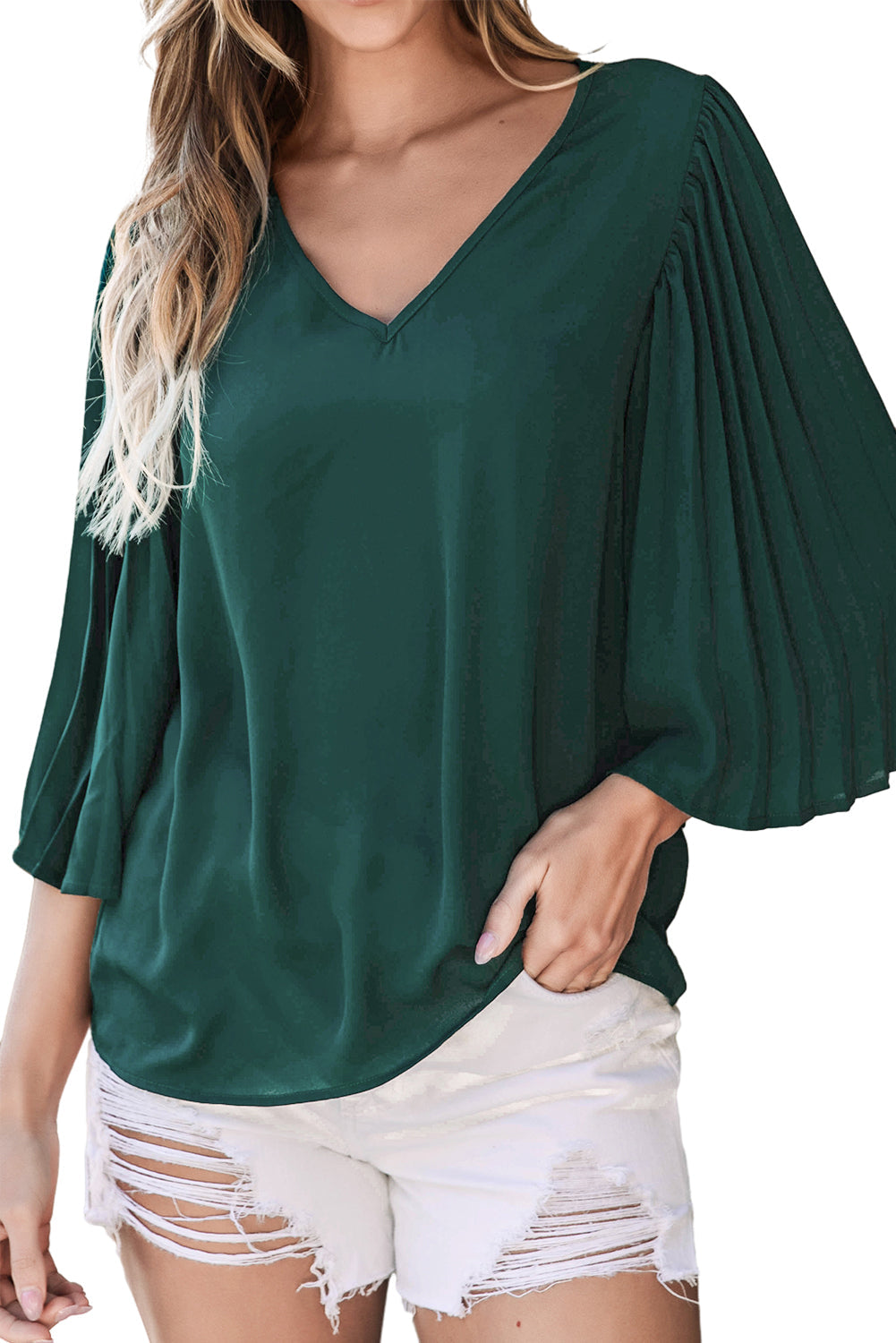 Blackish Green 3/4 Pleated Bell Sleeve V Neck Blouse-11