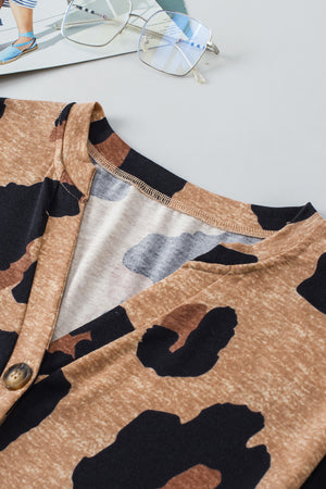 Light French Beige Leopard Folded Short Sleeve Buttoned V Neck T Shirt-7