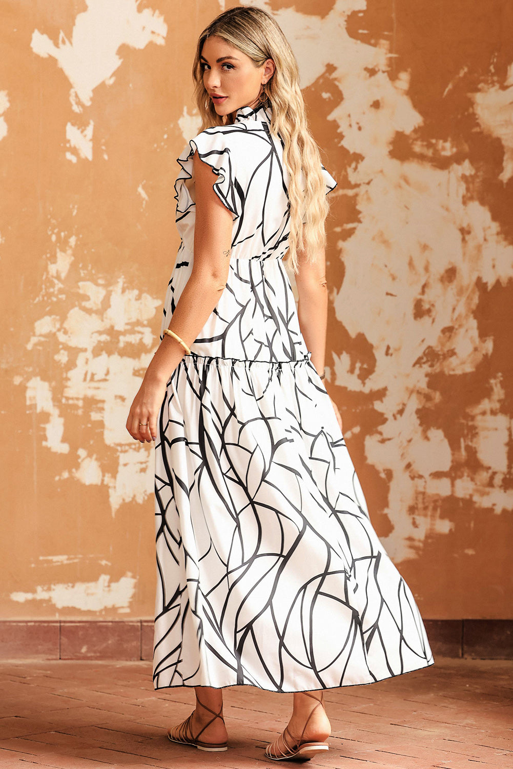 White Abstract Vein Print V Neck Ruffle Maxi Dress-8
