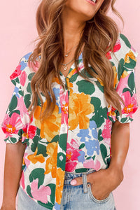 Multicolor Floral Print Ruffle Trim Puff Sleeve Shirt-0