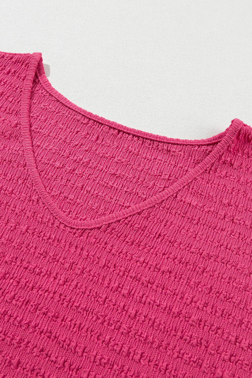 Bright Pink Textured Rolled Sleeve V Neck Tee-8