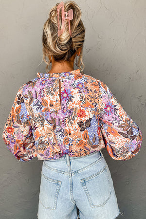 Multicolour Floral Bishop Sleeve Frilled Round Neck Blouse-1