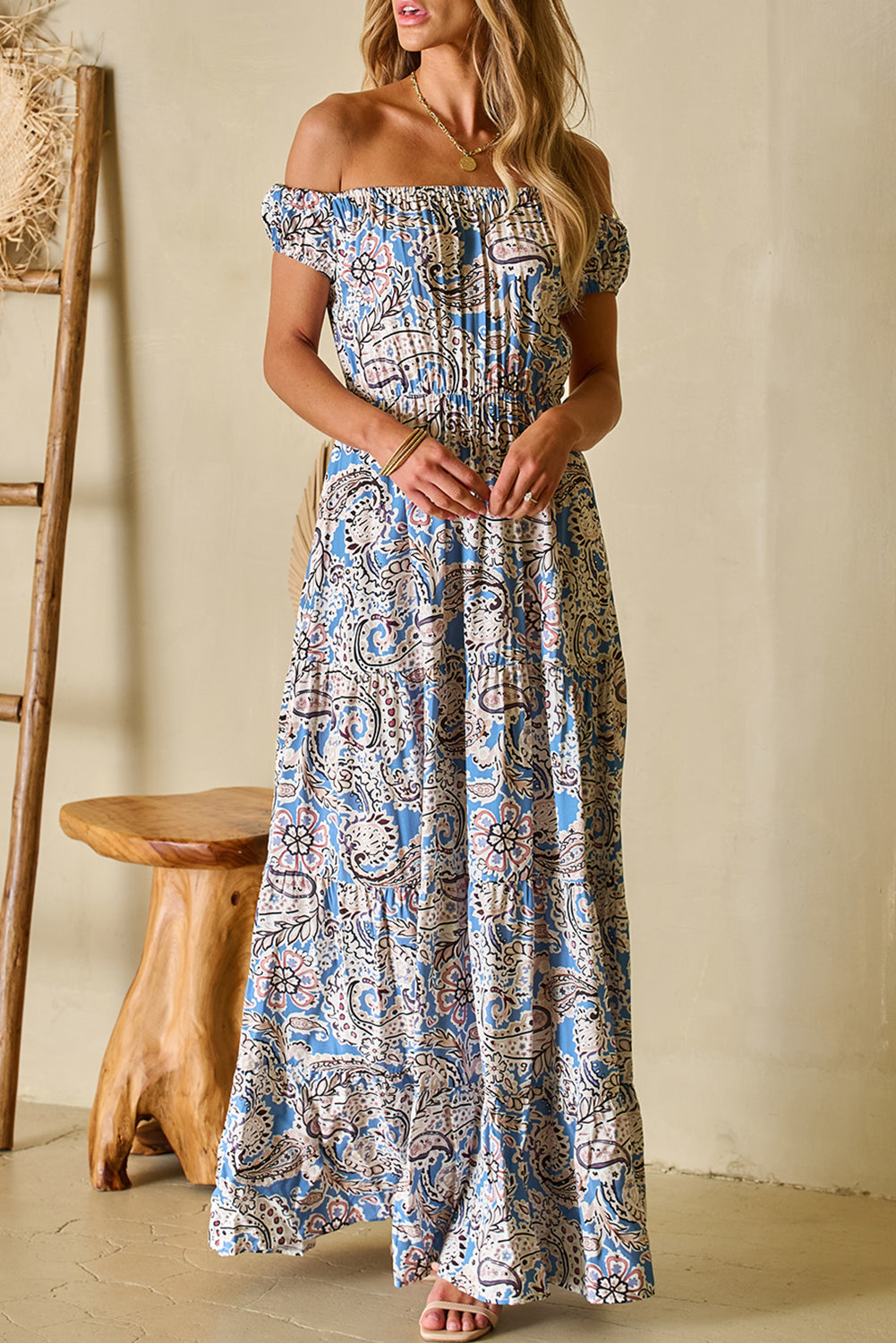 Blue Boho Paisley Print Off Shoulder Maxi Dress-10