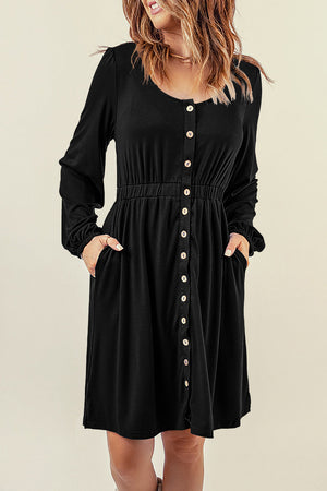 Black Button Up High Waist Long Sleeve Dress-2