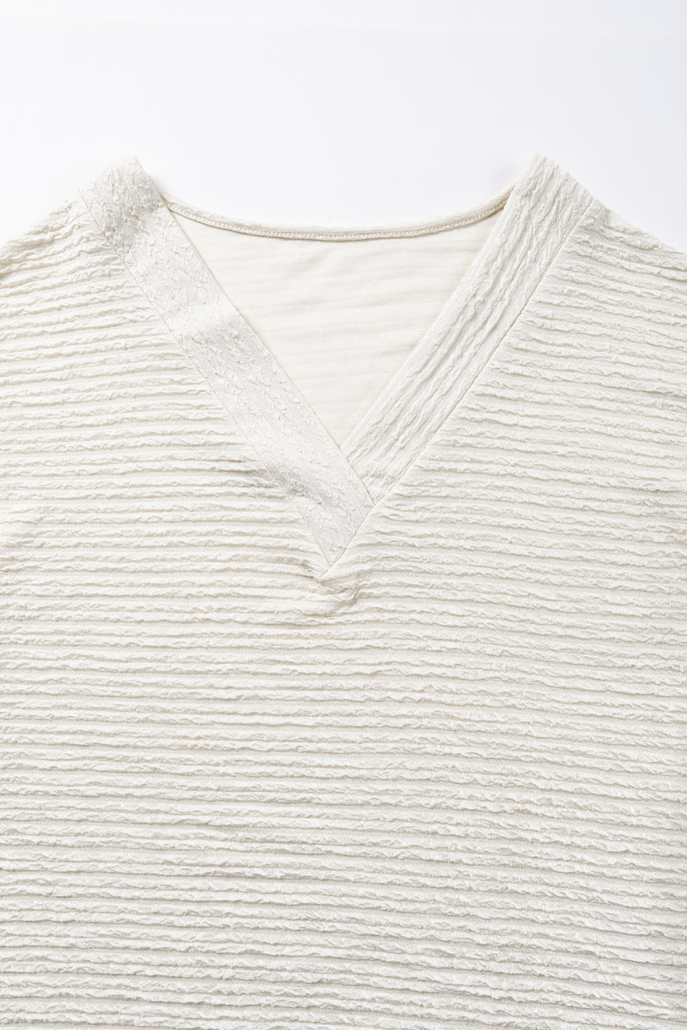 Pale Khaki Textured Wide Sleeve V Neck T Shirt-10